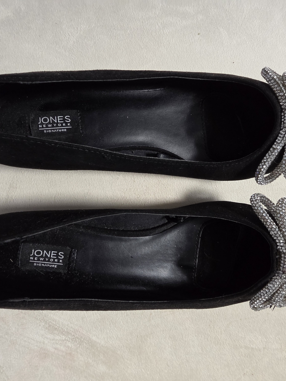 Jones New York Black Suede Ballet Flats with Crystal Bow